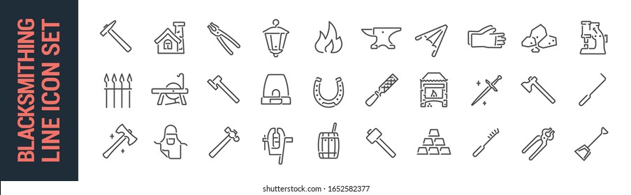 Blacksmithing vector isolated line icon set. Blacksmith tools and products. Collection