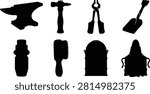 Blacksmithing and workshop tool silhouette icons with anvil, hammer, tongs, and equipment for craft and design