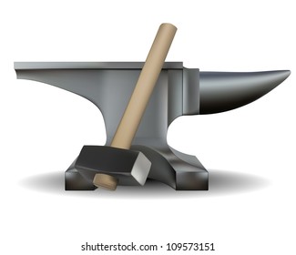 blacksmith's anvil and hammer in shades of gray on a white background