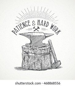 Blacksmith's anvil and inscription in graphic style. Hand drawn illustration.