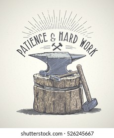 Blacksmith's anvil and inscription in graphic style. Hand drawn illustration.