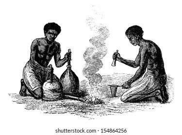 Blacksmiths of Caquingue in Angola in Southern Africa, engraving based on the English edition, vintage illustration. Le Tour du Monde, Travel Journal, 1881