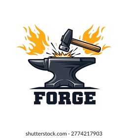 A blacksmith's hammer strikes an anvil with sparks flying and flames in the background, with the word 