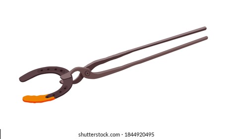 Blacksmith's tongs. A hot horseshoe. Blacksmith's tool. Forge. Vector illustration in flat style.