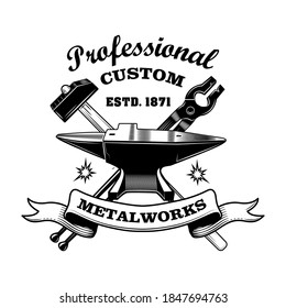 Blacksmiths tools vector illustration. Crossed hammer, pliers, anvil, professional custom text. Craft and metalwork concept for emblems or labels templates