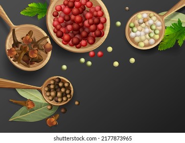 blackstone texture with a composition of wooden spoons. multi colored black, red and white pepper, coriander and sesame seeds, bay and coriander leaves, cloves. Vector realistic drawing