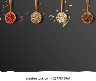 textura de piedra negra con una composición de cucharas de madera. pimienta multicolor negra, roja y blanca, semillas de cilantro y sésamo, hojas de laurel y cilantro, pañuelos. Dibujo realista del vector