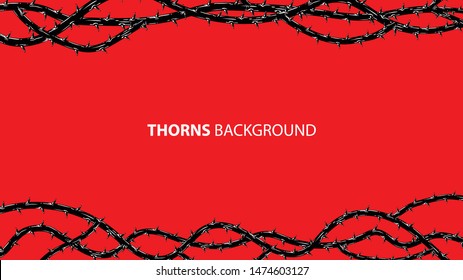 Blackthorn branches with thorns stylish endless on red background. Horror style horrible. Vector illustration.