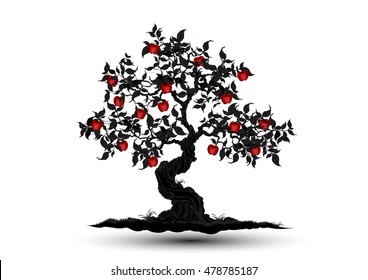 Black-tree, Branch Silhouette  over white background,apple