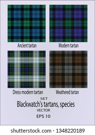 Blackwatch's tartans, species. Tartan imitation for prints on fabrics and clothes, for interior decoration, for Scottish-style websites. Seamless pattern. Frequent weave