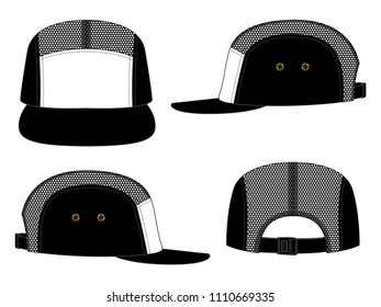 Black-white 5 panels baseball cap with mesh and adjustable buckle closure strap design on white background, vector file.