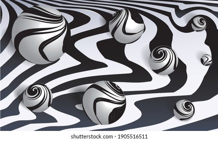 Black-white abstract paint background. Wavy striped fabric  surface. Modern screen vector design for mobile