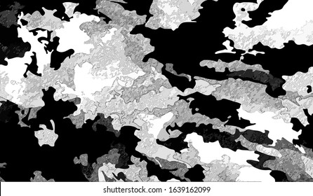 Black-white background with abstract lines in cartoon style and a black stroke. Art design of presentations, prints, wallpapers, flyers, cards, screensavers, paintings, sites, packaging, covers.