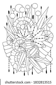 Black-white background. Coloring page with abstract vintage flowers. 