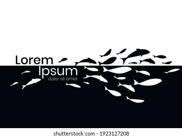 Black-white background with flock of fish. Vector illustration.