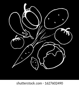 Black-white background from mixed vegetables. Suitable for designing a menu and packing a vegetable smoothie. Vector graphics.