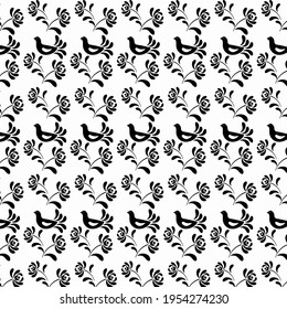 Black-white bird pattern with flowers . Wallpaper for walls. In the style of painting .