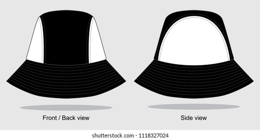 Black-White Bucket Hat Design Vector.Front, Back and Side View.