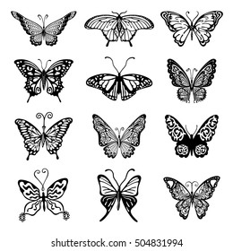 Black-white butterfly logo set, vector illustration isolated on background