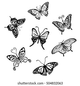 Black-white butterfly logo set, vector illustration isolated on background