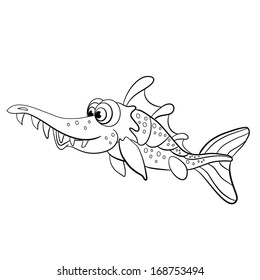 black-white cartoon dental fish pike on white background.