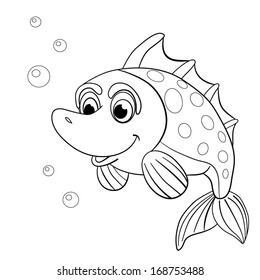 black-white cartoon smiling fish on white background