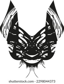 Black-white cat head isolated on a white background. Dangerousl cat head symbol for tattoos, holidays or events, prints on T-shirts, fabric products, fashion trends, covers, wallpapers, emblems, etc.