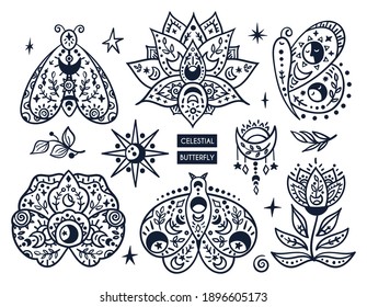 Black-white celestial butterfly, moth, flower isolated kids clipart, hand drawn line insects, lotus flower, stars and moon cute magic baby illustration, vector design elements on white background