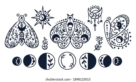 Black-white celestial butterfly, moth, moon phases kids clipart, hand drawn line insects, sun, stars and moon cute magic baby illustration, vector design elements on white