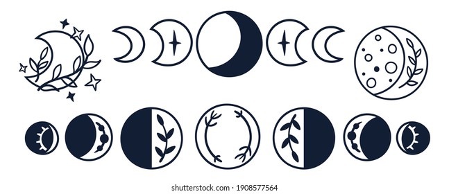 Black-white celestial clipart, boho moon phases kids space clipart, hand drawn line art, cute magic lunar baby illustration, vector design elements on white background