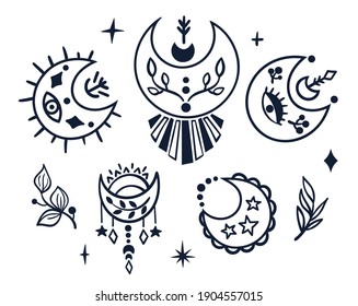 Luna celestial blanca negra y estrellas boho niños clipart, líneas dibujadas a mano símbolos místicos aislados en fondo blanco, adorable ilustración de bebé mágica, elementos de diseño vectorial