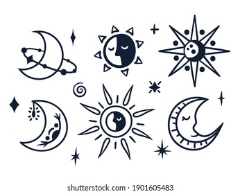 Black-white celestial moon and sun boho kids clipart, hand drawn line mystical symbols isolated on white background, cute magic baby illustration, vector design elements