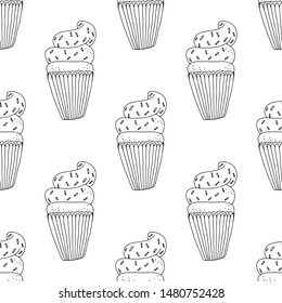 Black-white cupcakes with cream and sprinkles on a white background .Seamless pattern coloring book for kids and adults. Suitable for packaging, fabrics, wallpapers and simple colorings