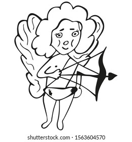 Black-white Cupid drawn by hand. Isolated coloring book. Vector.