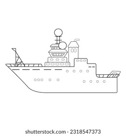 Black-white deep sea research explorer vessel, expedition ship, vector hand drawn outline isolated illustration for coloring book