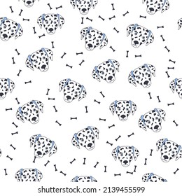 Black-white dog muzzle Dalmatian. Seamless pattern with cute cartoon dogs muzzle dalmatians.