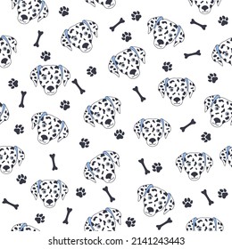 Black-white dog muzzle Dalmatian. Seamless pattern with cute cartoon dogs muzzle dalmatians.