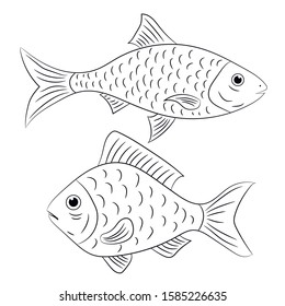 Black-white drawn small fishes, set, vector graphics