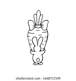 El conejo blanco y negro de conejo de Pascua abraza una gran zanahoria. Dibujo lineal hecho a mano para el diseño de vacaciones, tarjetas, logotipos, habitaciones para niños.