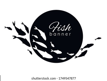 Black-white fish banner. Fish logo design template for fish merchant or seafood restaurant. Vector illustration.