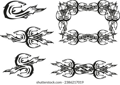 Black-white fish symbols like a shark for your design. Twirled detailed fish symbols and fish frame for emblems or logos, business, prints, embroidery, textiles, restaurant menu, tattoos, fabrics