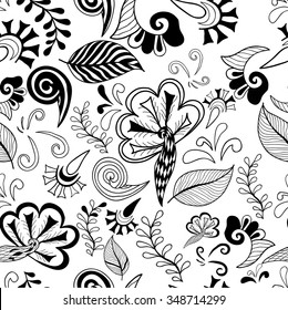 Black-white floral magic seamless pattern. Vector illustration.
