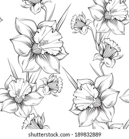 Black-white floral vector seamless illustration of  daffodils