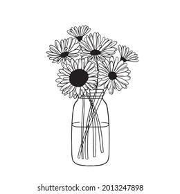 black-white flowers in a jar  vase. Sunflowers in a vase. Flowers outline