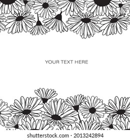Black-white frame with flowers. bottom and top flowers with text in the middle