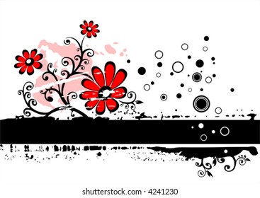 Black-white grunge background with red flowers and blots.