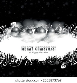 Black-White grunge Christmas background, Christmas wishes background, Winter Snowfall Christmas background, Flying snow flakes and stars on winter Black-White background. snowflake template.