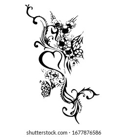 Black-white hand-drawn illustration. Heart with monograms and butterflies in flowers.