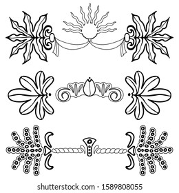 Black-white hand-drawn isolated floral elements  on white background for design and  decoration in retro style and classic book graphic. Can be used as end strip