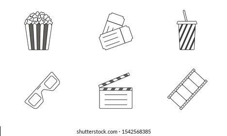 Black/white icons - movies theme. Popcorn, tickets, drink, 3d glasses, clapperboard and film.